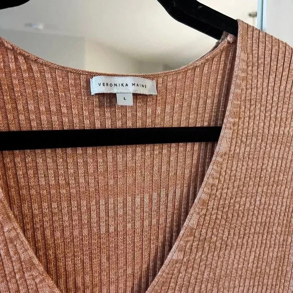 887 Veronika Maine Ribbed Bodycon V Neck Dress Size Large Color Orange - Picture 3 of 5